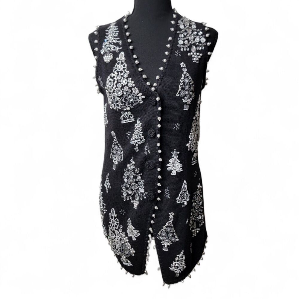 Vintage Michael Simon Sweater Women's 1 Black Sleeveless Christmas Cardigan Vest